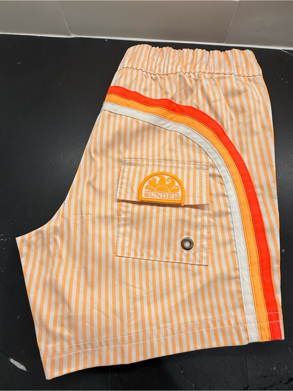 Sundek Pale Orange Striped Swim Shorts with Red-Orange Piping - Picture 3 of 6